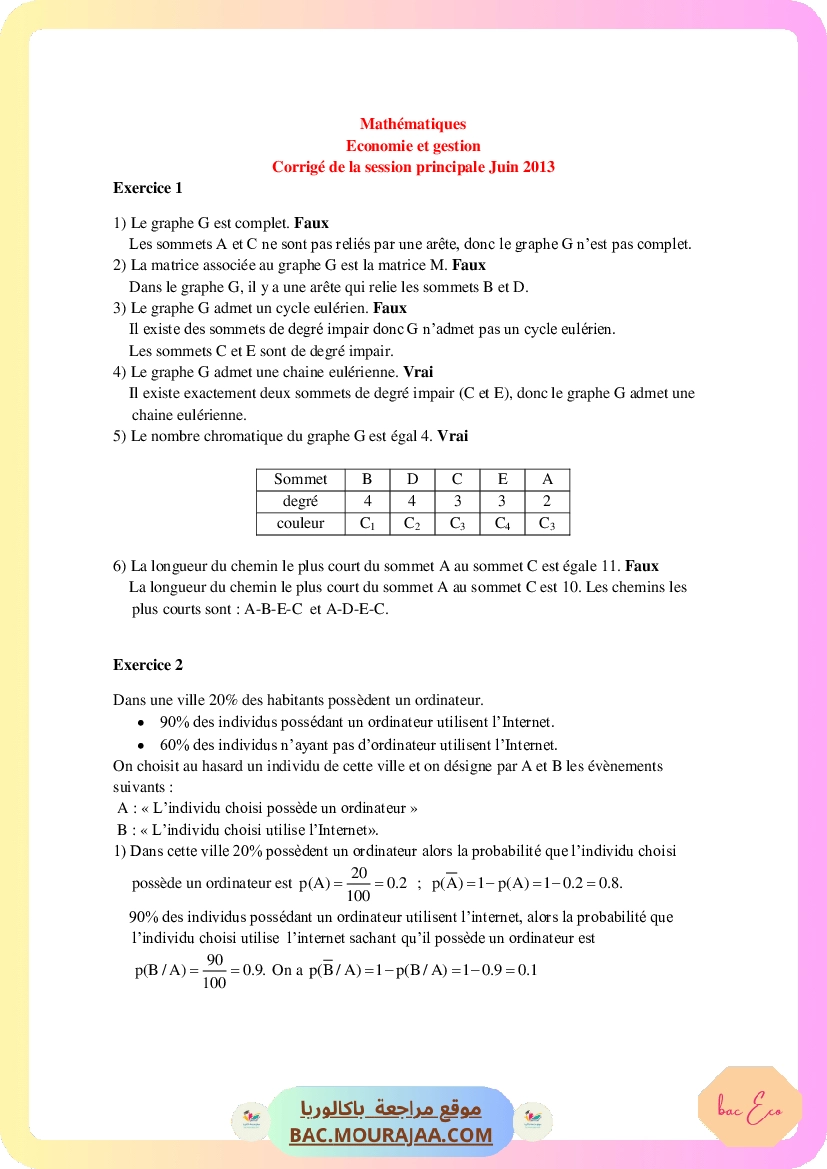 Corrigé principale math Bac 2013 – Section eco